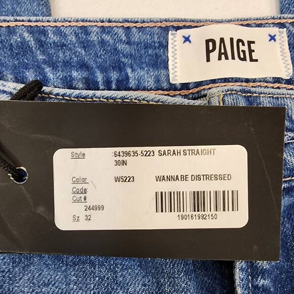 Paige Sarah Straight High Rise Women’s Jeans Size 32 Blue Denim 30” Inseam NWT - Picture 7 of 10